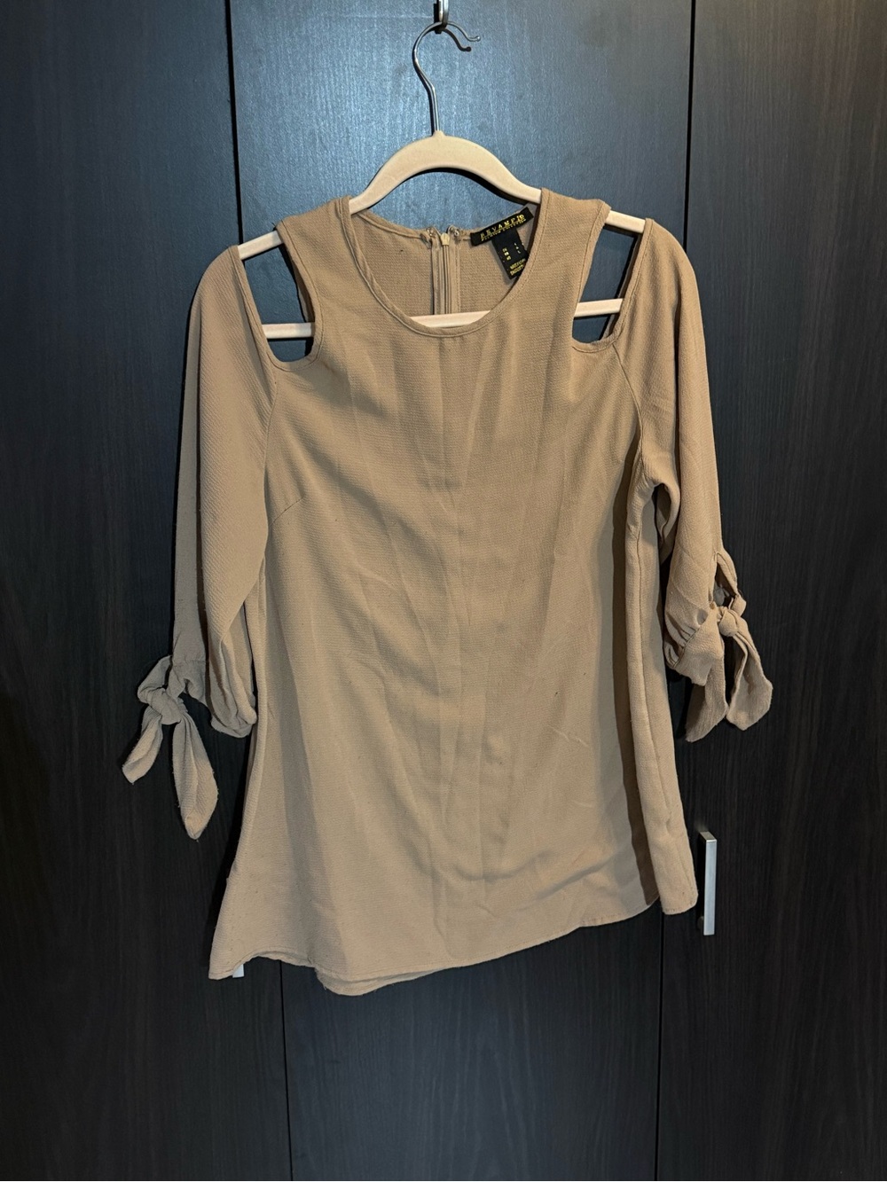 Revamped Taupe Cold-Shoulder Tie-Sleeve Blouse